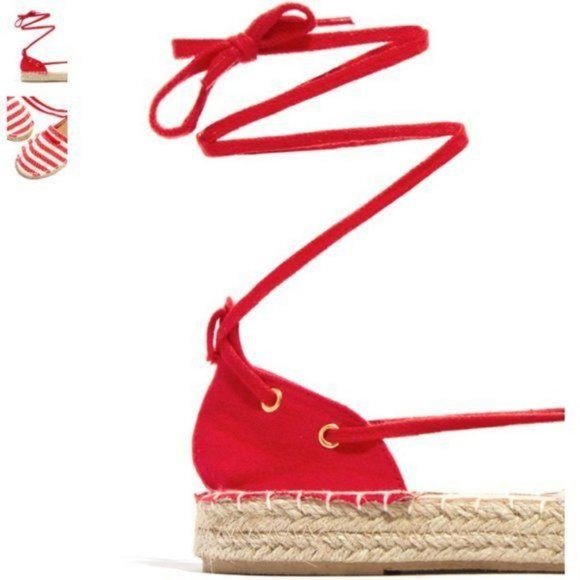 Red & Beige Lace Up Espadrilles - Picture 5 of 7